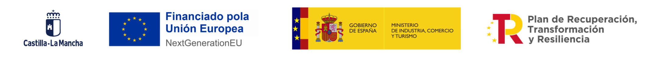 Financiado por la Unión Europea – NextGenerationEU · Gobierno de España, Ministerio de Industria, Comercio y Turismo · Plan de Recuperación, Transformación y Resiliencia · Junta de Comunidades de Castilla-La Mancha